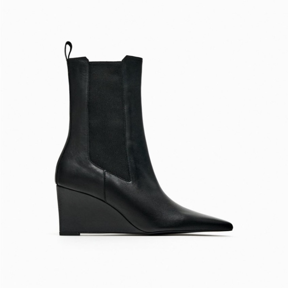 Zara LEATHER WEDGE ANKLE BOOTS. Black. Sizes 6, 6.5, 7.5, 8. New with Tags.